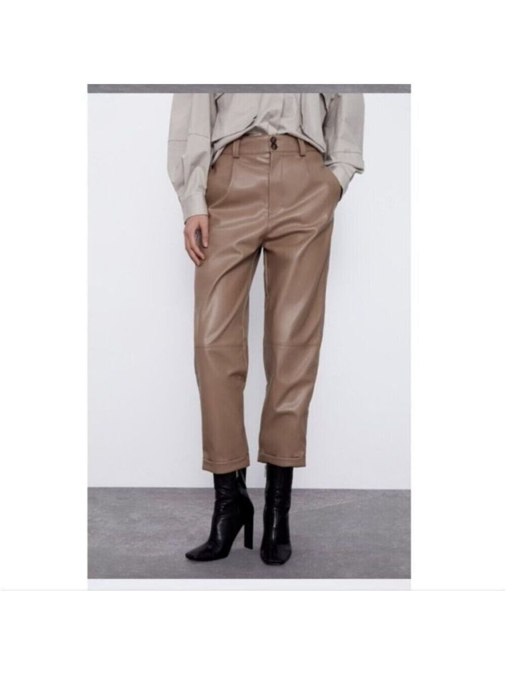 ZARA | Faux Leather Pants Cropped Beige Sz L